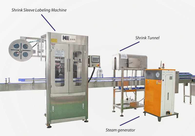 Automatic Liquid Water Juice Tea Beverage Wine Carbonated Soft Drink Honey Edible Oil Coffee Sauce Round Plastic Bottle PVC Label Sleeve Shrink Labeling Machine